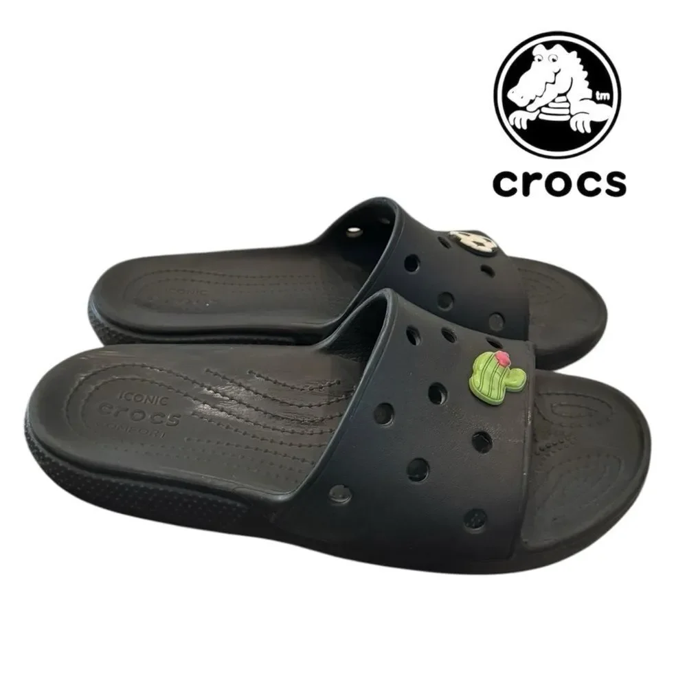 Crocs Classic Black Slide Sandals w/ Jibbitz Charms 10